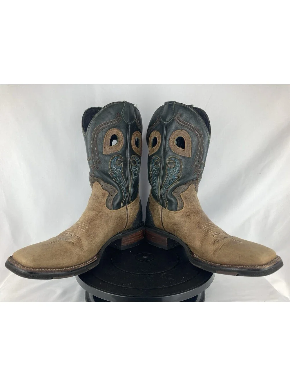 Men’s 9.5 J.B. Dillon Brown Black Leather Blue Stitching Buckaroo Cowboy Boots